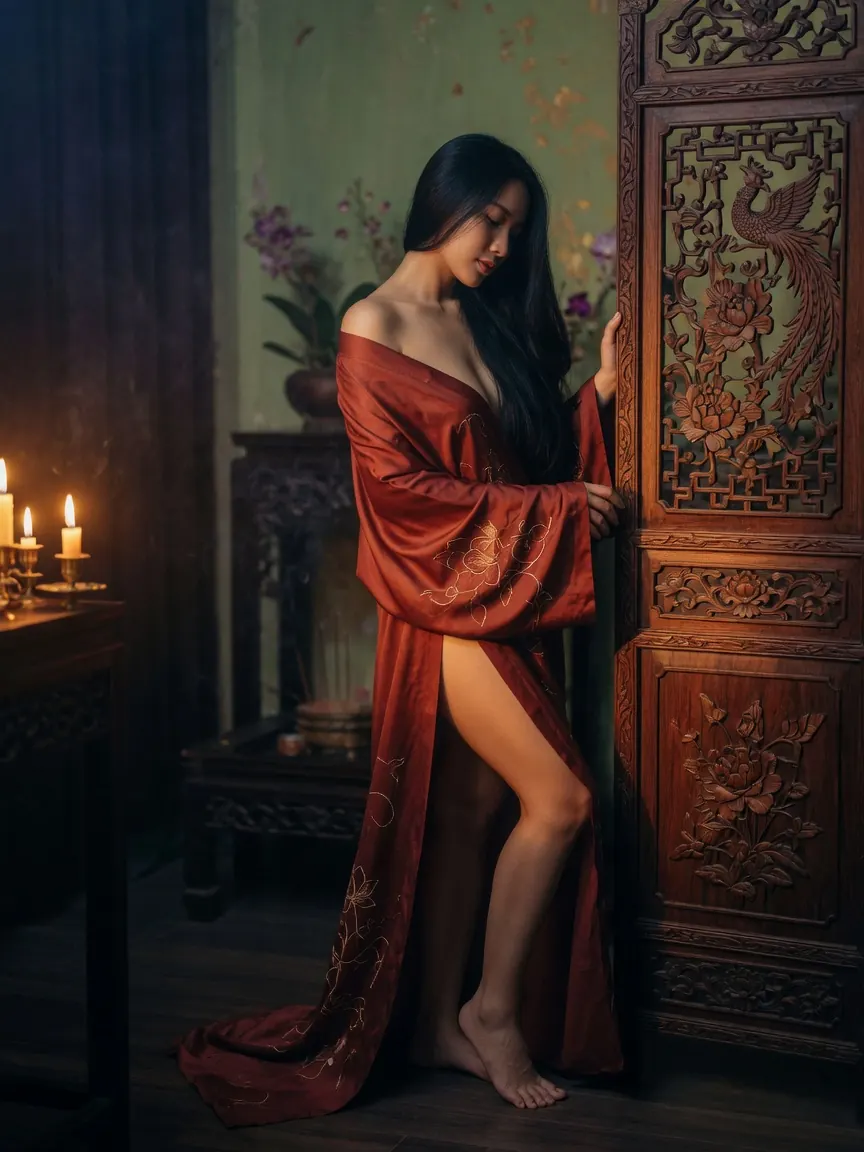Steam, shadow and a carved screen in a room used for Hanoi strip clubs