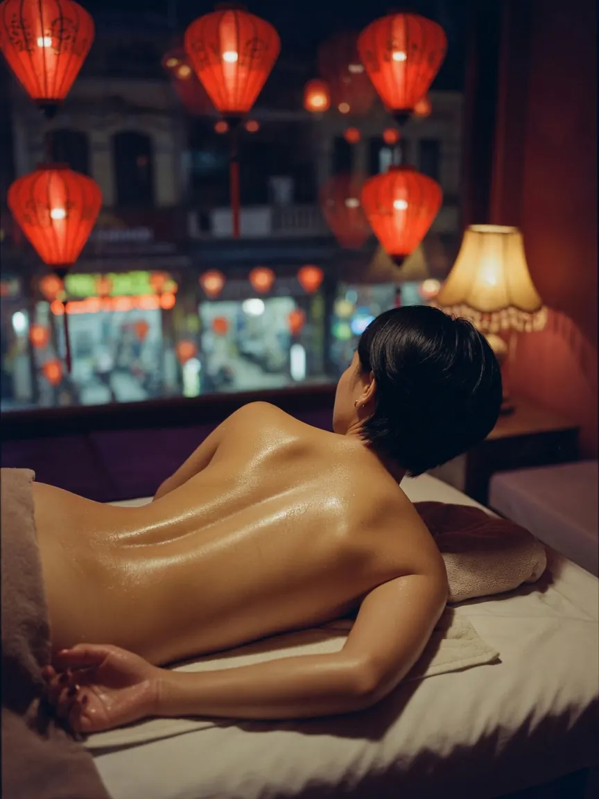 A treatment room at night, the setting for lingam massage Hanoi