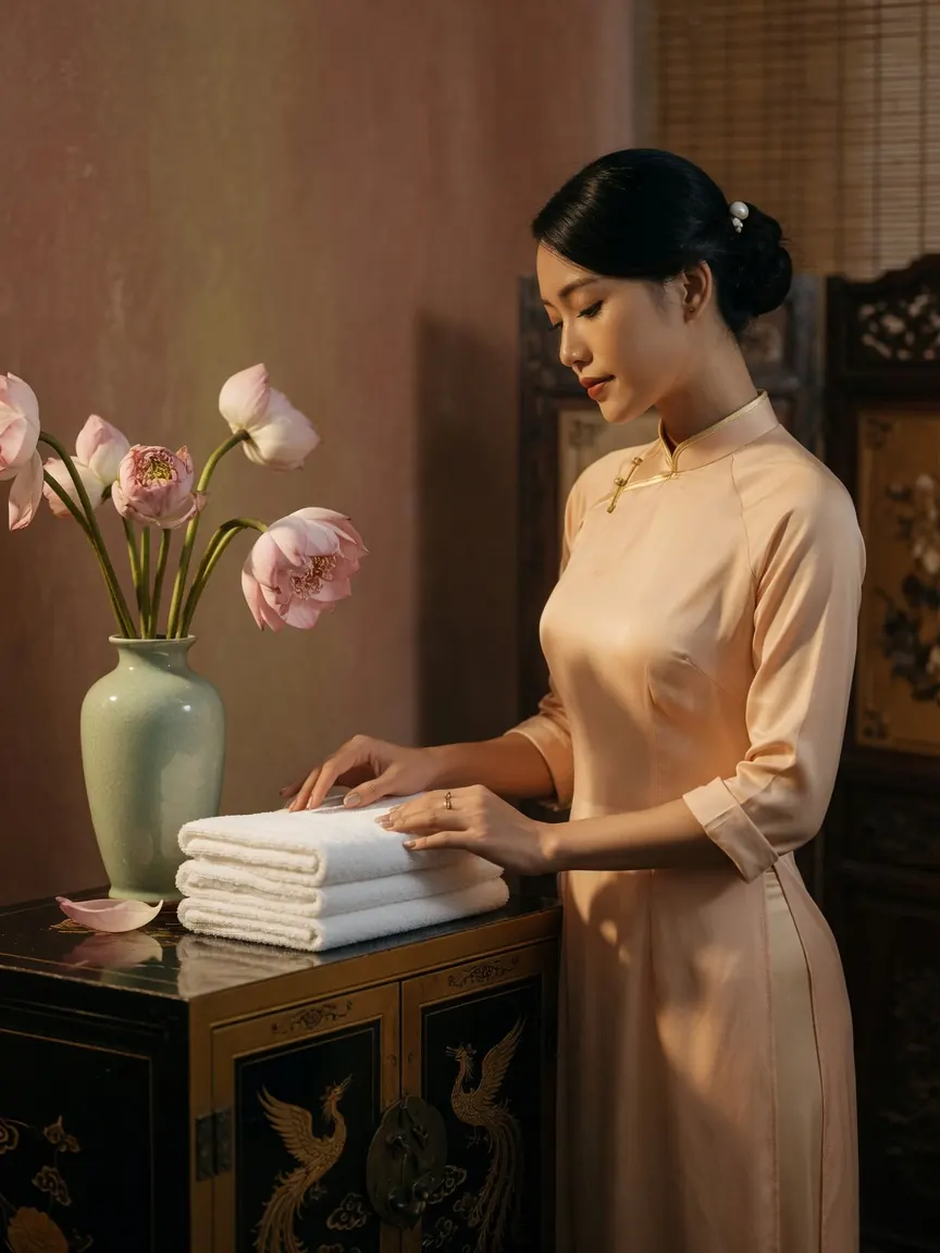 Warm oil and fresh linen before a session of sex massage Hanoi